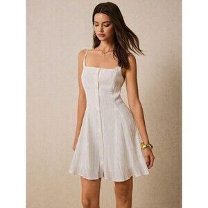 Cream Mini Dress Small Coquette Linen Blend Fit Flare Square Neck